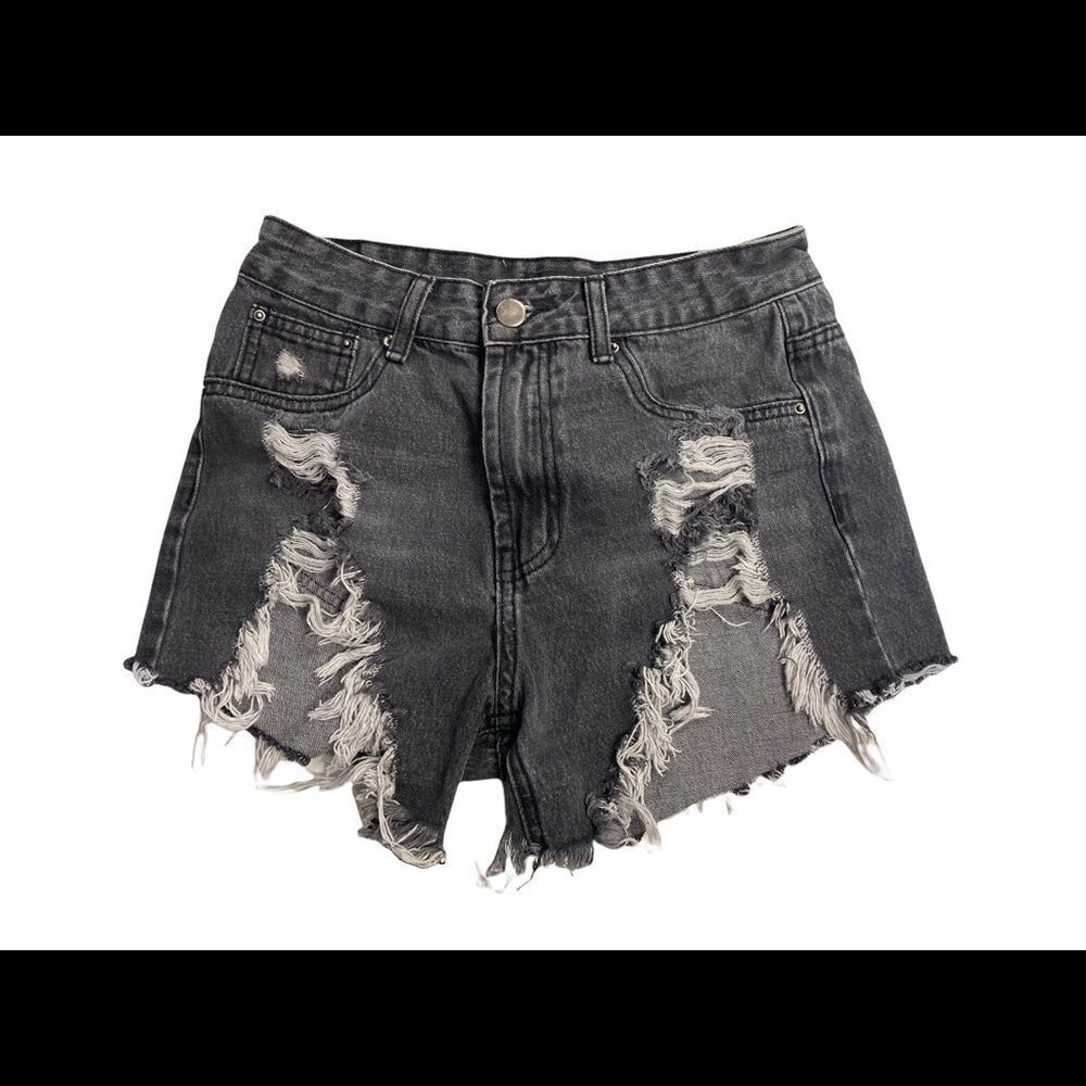 MOMOKROM,‎ Dolls Kill, distressed shorts, gray-black,raw edge, UK 8,US Size 4